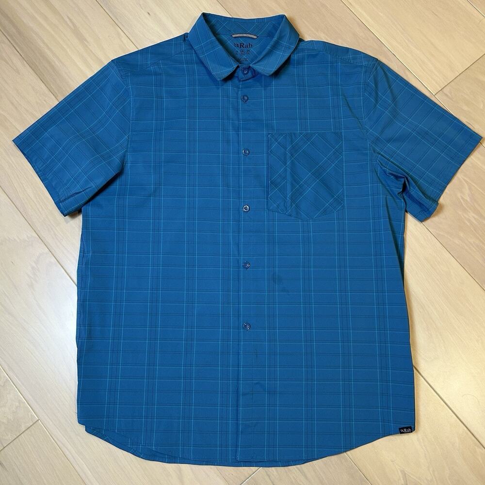 Rab Mello Button Up Blue Plaid Shirt Short Sleeve *Stain Men's XL